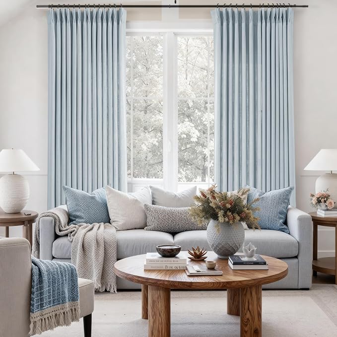 Light Blue Pinch Pleated Linen Curtains 108 inches Long with Clips and Hooks for Boys Bedroom Elegant Neutral Farmhouse Dusty Blue Semi Sheer Pleat Drapes Living Room 40"x108" 2 Panels Grey Blue