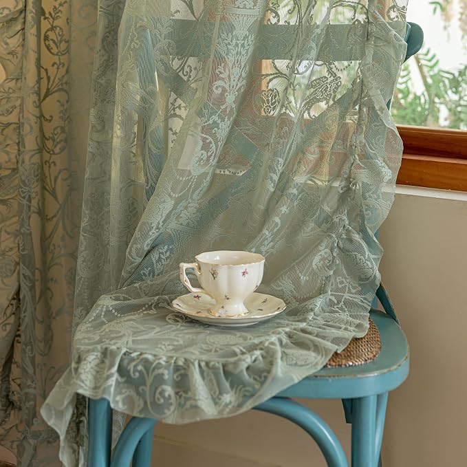 TUDECO Sage Green Sheer Curtains 2 Panels - Spring Boho Sage Green Floral Curtains 84 Inches Long for Living Room, Vintage Flowy Ruffle Privacy Lace Sheer Window Treatment, 59 x 84 Inch
