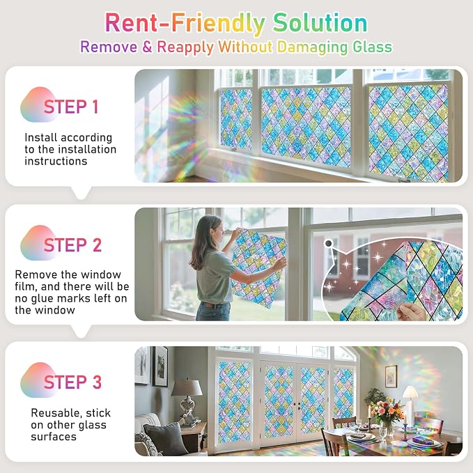 Sunbaby Window Privacy Film Stained Glass Decorative Rainbow Window Cling 3D Static Clings Colorful for Home Decoration, Anti-UV & Heat Control Non-Adhesive (17.5"x78.7")