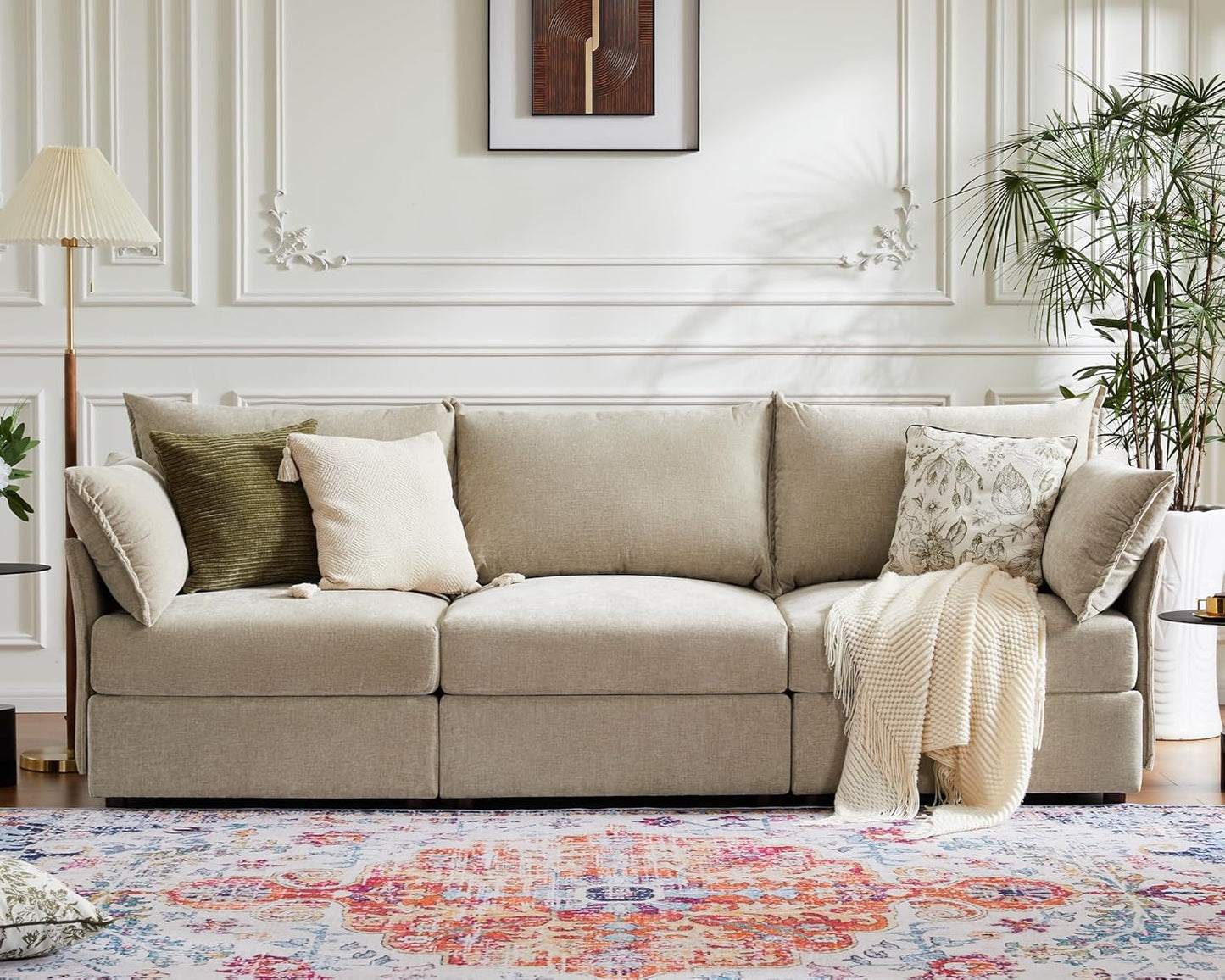 102.6" Modular Sectional Sofa, Oversized 3-Seater Couch with Removable Beige Chenille Fabric Cover, Deep Seat & High Backrest for Living Room, Office & Apartment