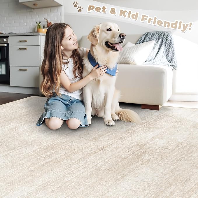 pmtsns Area Rugs 6x9 for Living Room: Washable Rug Modern Abstract Neutral Soft Non-Slip Low-Pile Indoor Carpet for Bedroom Dining Room Playroom Home Office (Beige, 6'x9')