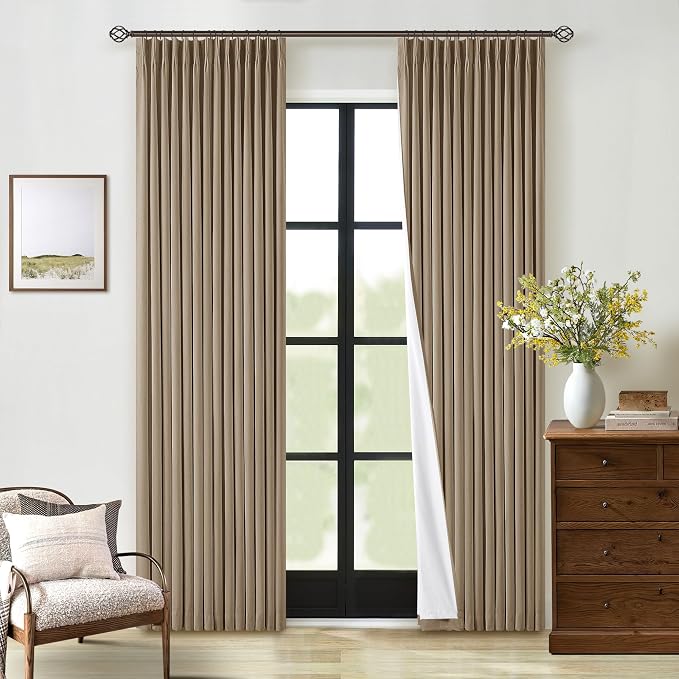 Light Brown Pinch Pleated Full Blackout Curtains Linen Blend Room Darkening Window Curtains 80 Inch for Living Room Bedroom Thermal Insulated Back Tab Pinch Pleat Drapes with Hooks Rings 2 Panels