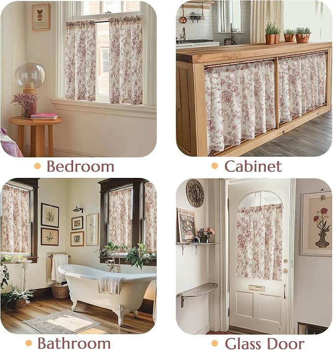 jinchan Floral Linen Tier Curtains 45 Inch Farmhouse Botanic Cafe Drapes for Small Windows Rustic Half Window Curtains for Kitchen Living Room Bathroom Laundry 2 Panels Red on Beige