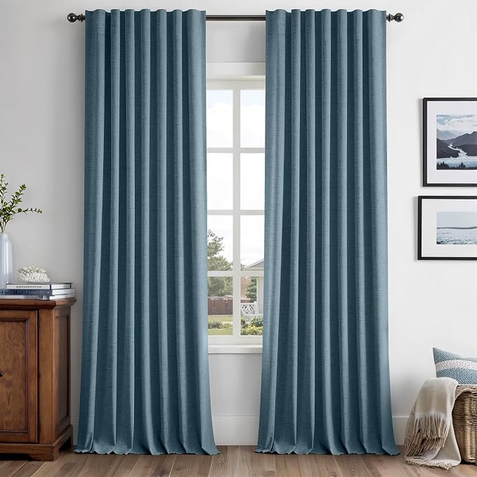 MIULEE 100% Blackout Linen Curtains for Bedroom, Stone Blue Solid Luxury Decor Thermal Insulation Room Darkening Drapes for Living Room Back Tab Rod Pocket 42 x 96 Inches, 2 Panels