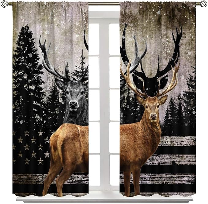 Rustic Hunting Deer Blackout Curtains Vintage American Flag Forest Hunting Cabin Rustic Deer Wildlife Windows Treatments Rod Pocket for Kitchen Living Room Bedroom 63x72in