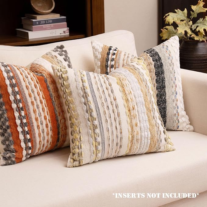 Boho Chenille Tufted Throw Pillow Covers 18x18 Inch Set of 2 Farmhouse Yellow Woven Striped Decorative Pillowcases for Couch Sofa Bed