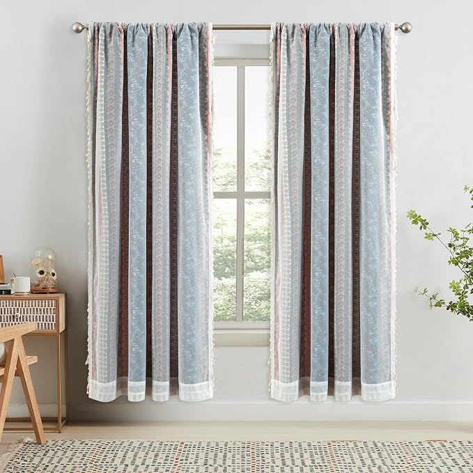 VOGOL Boho Semi Blackout Curtains, Double Layered Colorful Stripes with Sheer Overlay, 1 Panel Rod Pocket Drapes for Living Rest Room, 52 x 84 Inches, Red Blue