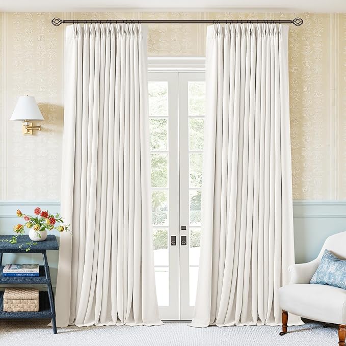 Ivory 94 Inch Long Blackout Curtains Thick Linen Pinch Pleated Curtains 2 Panels for Bedroom Living Room Darkening Light Blocking Energy Saving Pinch Pleat Back Tab 94 Inch Window Drapes Cream White