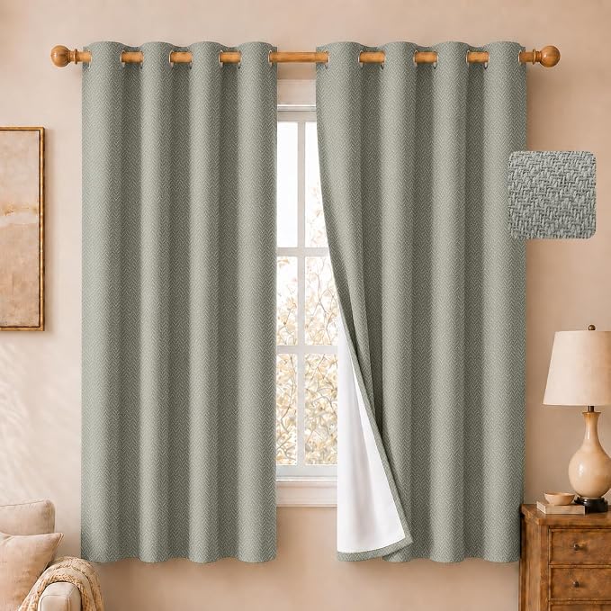 2 Panels 100% Blackout Linen-Textured Curtains, Thick Thermal Insulated Grommet Drapes with Subtle Herringbone Weave, Luxury Decor for Bedroom/Living Room, 54 x 63 Inches, Linen Beige