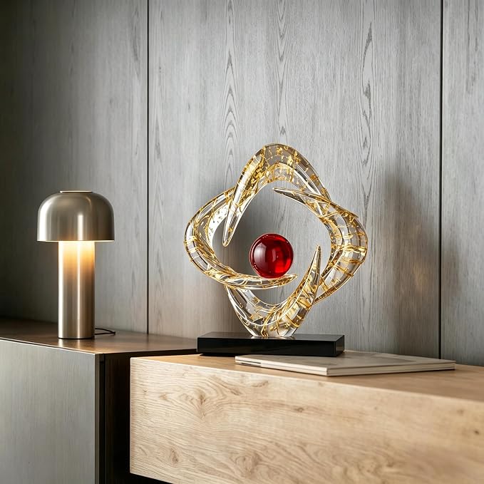 AWNR Gold Abstract Sculpture House Decor Aesthetic - Home Décor Accents for Nightstand, Shelves, Dining Room, Entryway Table, Office, Desk Accessories (Transparent Gold foil with red Ball C)