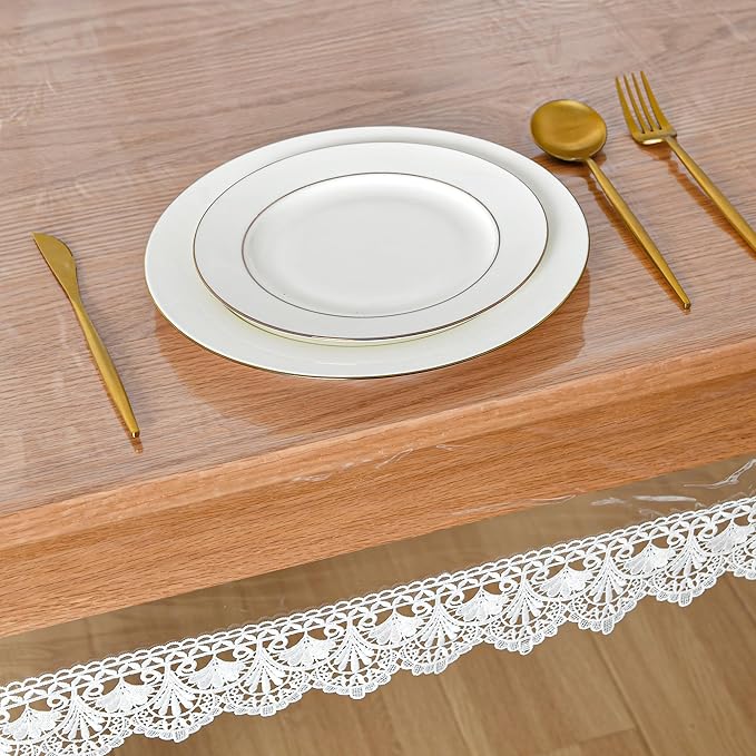 JIUZHEN Clear Vinyl Tablecloth Protector, Waterproof/Oil-Proof, Transparent Lace Trim Table Cloth for Dining, Easy Wipe Clean, Plastic Square Transparent Sheet Table Cover, 54"x54"