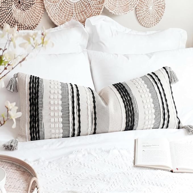 NUYECY Chenille and Cotton Long Pillow for Bed, Striped Textured Boho Lumbar Throw Pillow Cover 12x36, Neutral Accent Decorative Extra Long Body Pillow Case for Couch, Sofa, Bedroom, Black and White