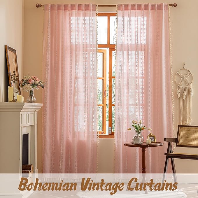 Pink Boho 96 inch Curtains 2 Panel Set for Living Room Dining room Floor to Ceiling, Girl Light Filtering Tassels Privacy Country Vintage Embroidery Bohemian Stripes Window Treatment Back Tab, 50"W