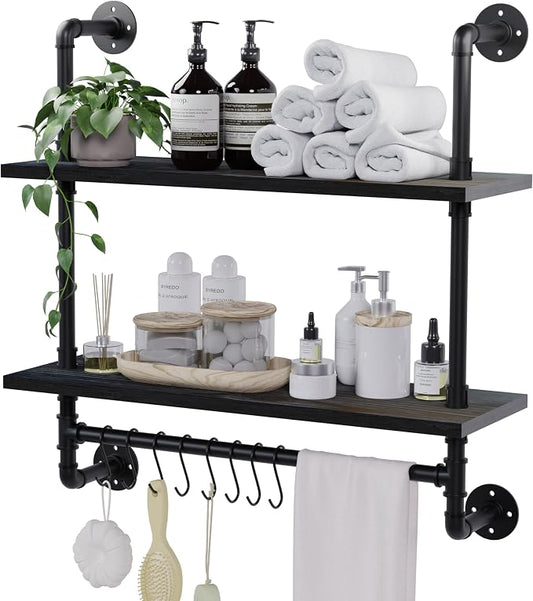 Industrial Pipe Bathroom Shelves Shelving 24" Black Floating Shelves | For Bathroom with Towel Bar Hooks,Kitchen Wall Mounted Shelves Coffee Bar Shelf for Living Room Bedroom
