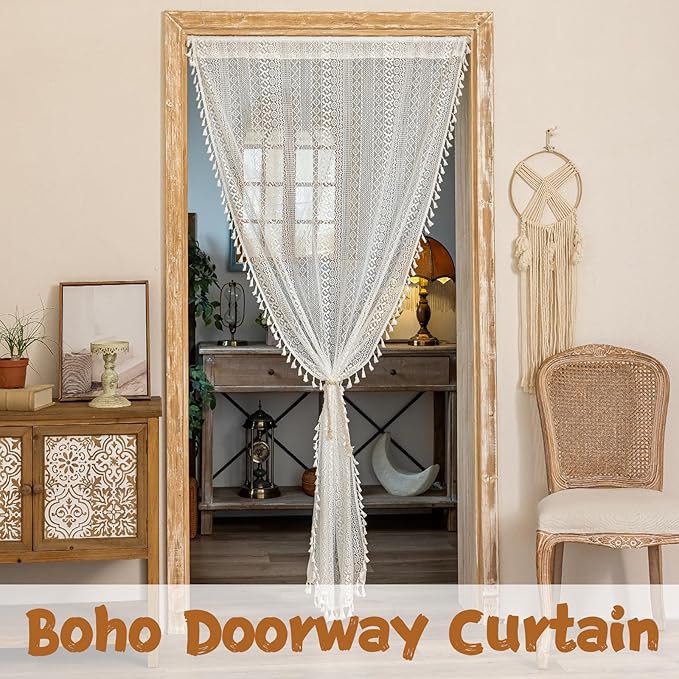 Sutuo Home White Boho Lace Sheer Door Curtain for Doorway, Bohemian Doorway Curtain for Front Door Hallway Crochet Vintage Chic Tassels Privacy Temporary Room Divider Rod Pocket,1 Panel 37" x 80"