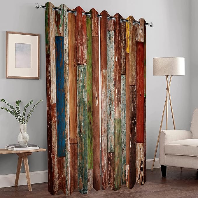 MissHope Rustic Wood Barn Door Blackout Curtains Village Wooden Home Decor Vintage Farmhouse Country Colorful Plank Decorate for Bedroom Living Room Grommet Window Drapes 2 Panels Set, 42"x63"