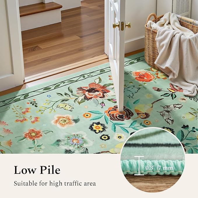 Rugflix 2x6 Runner Rug for Hallway, Washable Kitchen Runner Non Slip, Soft Low Pile Entryway Carpet, Vintage Floral Stain Resistant Long Laundry Room Rugs for Bedroom, Stairs, Green
