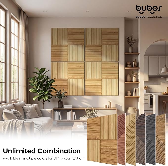 BUBOS 6 Pack Acoustic Wall Panels - High-Density Polyester Sound Absorbing Panels, Decorative Wood Print Treatment for Recording Studio & Home Office, Peel and Stick, 23.6" x 23.6"
