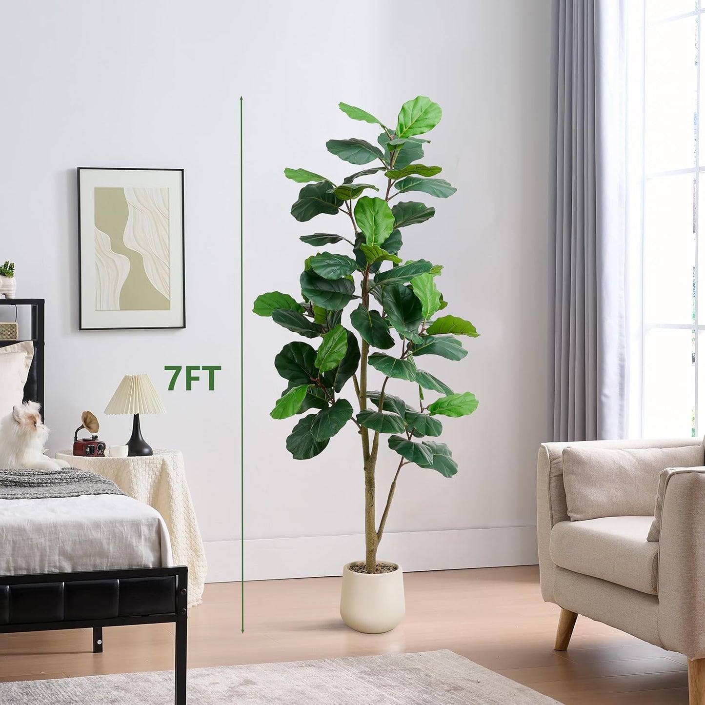 Artificial Fiddle Leaf Fig Tree, 7FT Tall Faux Ficus Lyrata Fake Tree in White Pot, Artificial Tree Indoor Decor, Fiddle Leaf Fig Tree Fake Plant for Home Office Living Room Decoration Modern