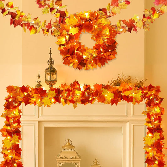 Joyhalo 4 Pack Fall Garland with Lights, Fall Leaves for Mantle, Outdoor Lighted Up Leaf Garland Autumn Decor with 6.5FT LED String Lights, Hanging Maple Leaves for Door, Thanksgiving Decor