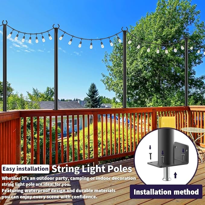 AHRLHR 5 Ft String Light Poles, 4 Pack String Light Poles for Outside with Fixing Clips,Metal Poles for Outdoor String Lights, Hanging Light Poles for Deck Fence Garden Backyard Wall Bistro