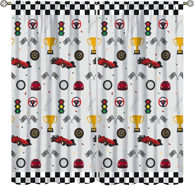 Racing Car Blackout Curtain,Kids Boys Cartoon Car Theme White Plaid Print Window Curtains for Bedroom Cafe Dining Room Office Living Room Kitchen Drapes,42x63 in