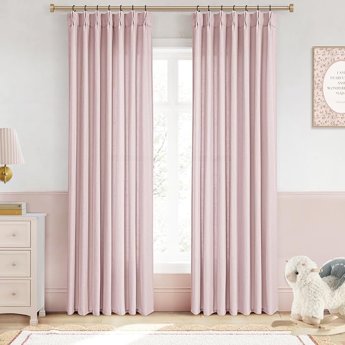Blush Pink Pinch Pleated Linen Curtains 84 Inch Long for Living Room Bedroom Textured Pink Semi Sheer Drapes Pinch Pleat Rings Window Curtain Girl Room Nursery Decor 40x84 Inches, 2 Panels
