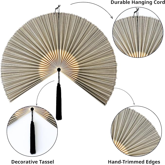 ChumDecor Fan Wall Decor, Japanese Giant Fan, Large Bamboo Fan Wall Art For Boho Hanging Headboard, Decorative Folding Fans For Over Bed, Asia Trending (Gray 48inch)