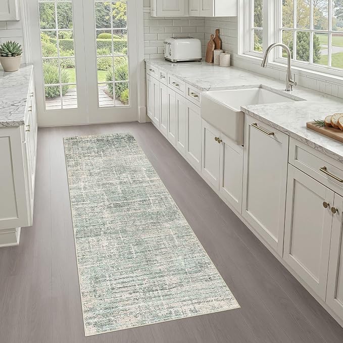 Runner Rug Non-Slip Kitchen Rug: 3x8 Washable Abstract Modern Soft Stain Resistant Indoor Floor Neutral Accent Throw Carpet for Hallway Bathroom Laundry Room Bedroom Entryway- Green