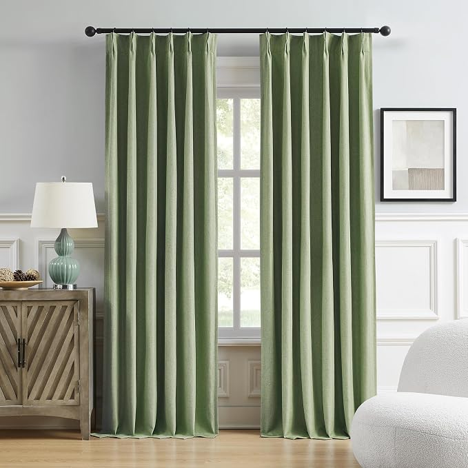 DUALIFE Sage Green Pinch Pleated Blackout Curtains 40 x 63 Inches Long, Back Tab Drapes for Living Room Bedroom Thermal Insulated Full Blackout Draperies with Hooks