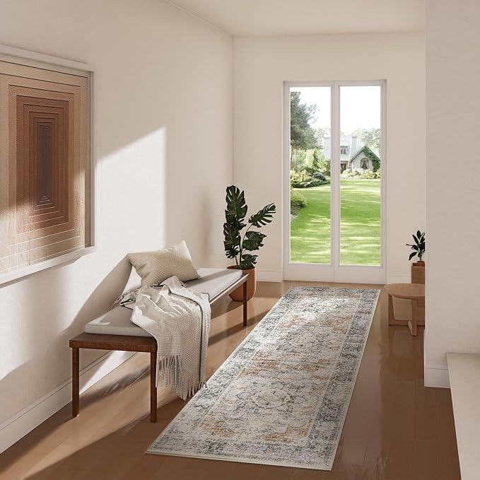 Washable Runner Rug Non Slip: 2'6"x8' Kitchen Rug Runners Low Pile Soft Faux Wool Boho Distressed Floor Rug Non Shedding Carpet Runners for Hallways Entryway Bedroom Living Room Farmhouse Indoor