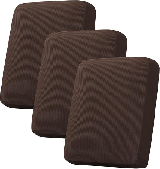 H.VERSAILTEX Velvet Stretch Couch Cushion Cover Plush Cushion Slipcover for Chair Loveseat Sofa Cushion Furniture Protector Seat Cushion Sofa Cover (3 Piece Sofa Cushion Covers, Brown Striped)