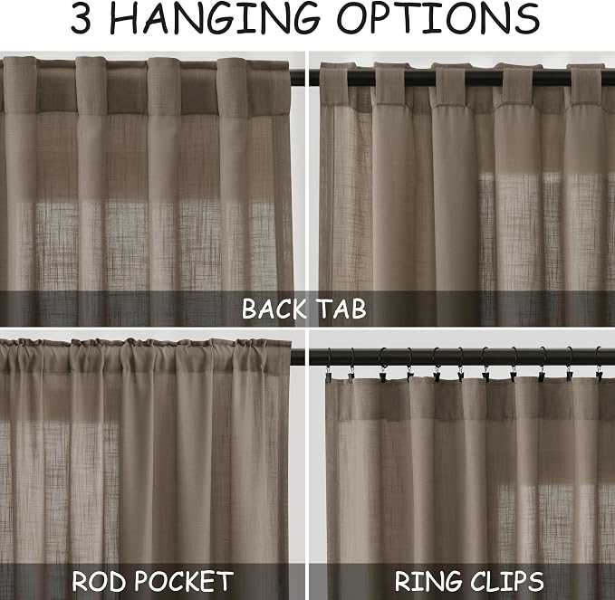 Nanspring Dark Taupe Linen Sheer Curtains 54 Inch Length 2 Panel Set Back Tab Rod Pocket Semi Sheer Light Filtering Short Curtain Soft Elegant Aesthetic Small Window Drapes for Bathroom 52x54