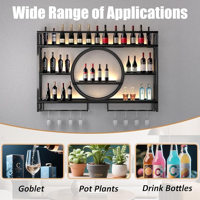 Metal Wine Rack Wall Mounted with LED Light, 3-Tier Bar Liquor Shelf with Wine Glass Holder, Modern Large Capacity Liquor Bottle Display Storage Shelf for Home Bar, Dining Room(Black, 120*80*15)