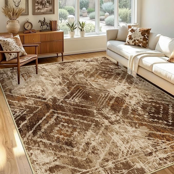 BESTSWEETIE Area Rug 6x9 Rug Machine Washable Non-Slip Low Pile Print Pattern Western Rug for Living Room Bedroom Entryway Tribal Series-Abstract/Cowhide