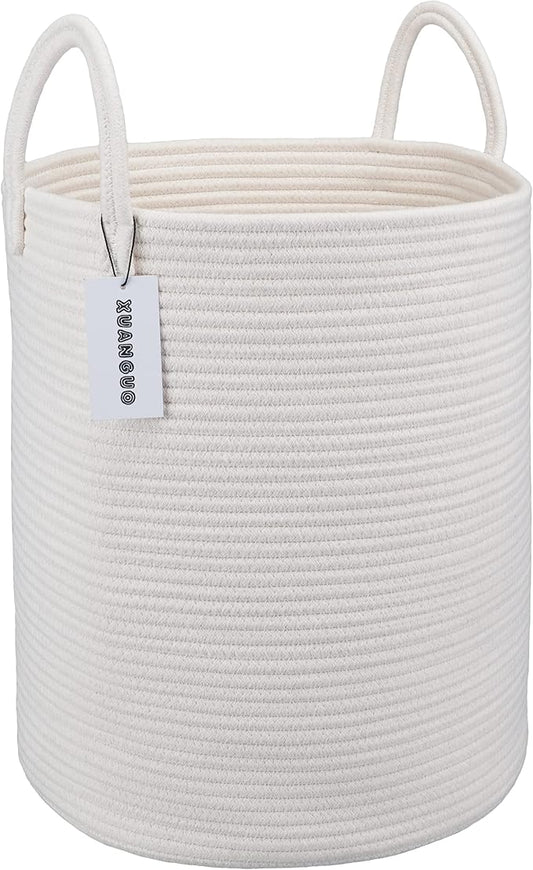 XUANGUO Cotton Rope Laundry Basket Hamper for Clothes Decorative Woven Storage Basket for Living Room Bedroom Boho Tall Rope Baskets for Blanket Toys Baby Nursery Hamper Bin Large white