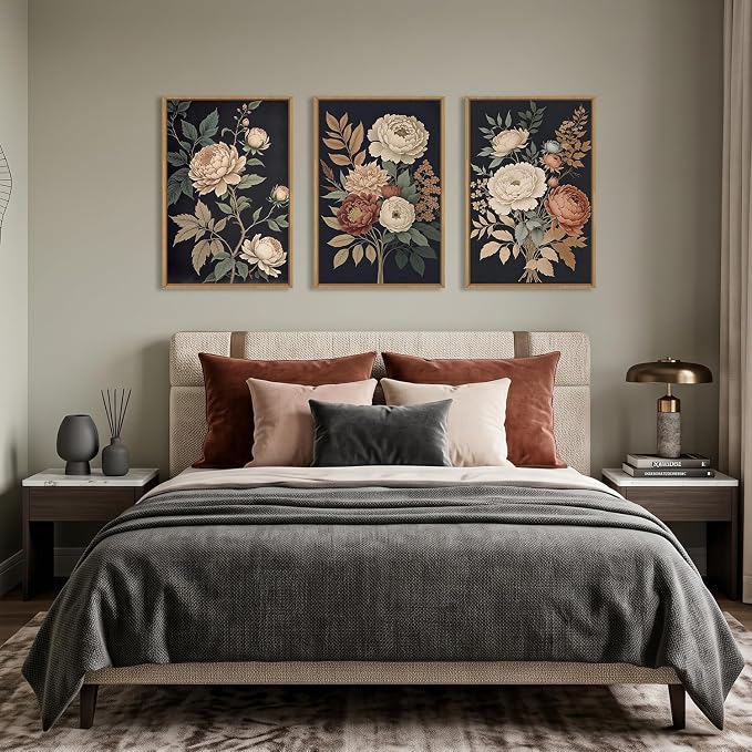 HOURIA Large Moody Dark Flower Framed Canvas Wall Art,Retro Beige Red Peony Wall Decor,Vintage Textured Blossom Botanical Artwork,Natural Wildflower Art Print for Living Room,Bedroom,Office-24 x36 x3
