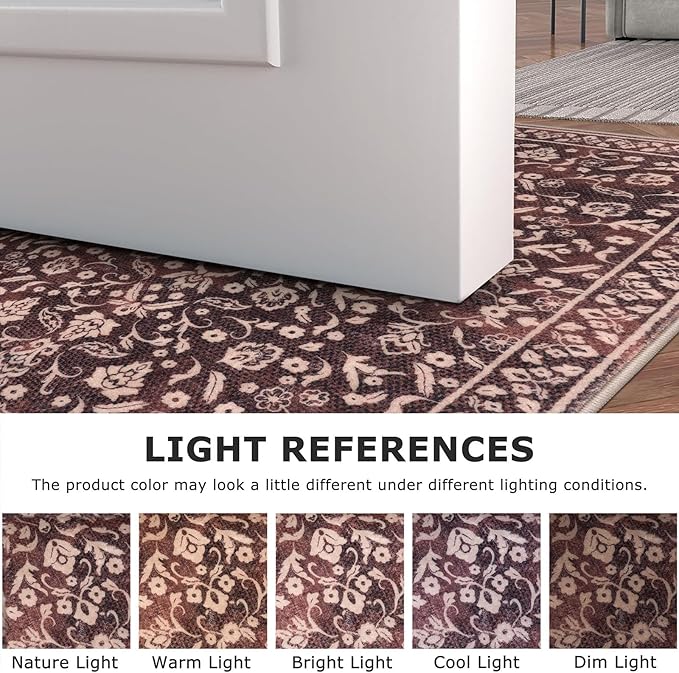 Vintage Washable Runner Rug 2x6, Burgundy Runners for hallways, Super Soft Kitchen Runner Rug Non Slip, Printed Faux Wool Floral Thin Carpet Runner for Entryway Laundry Room Bedroom