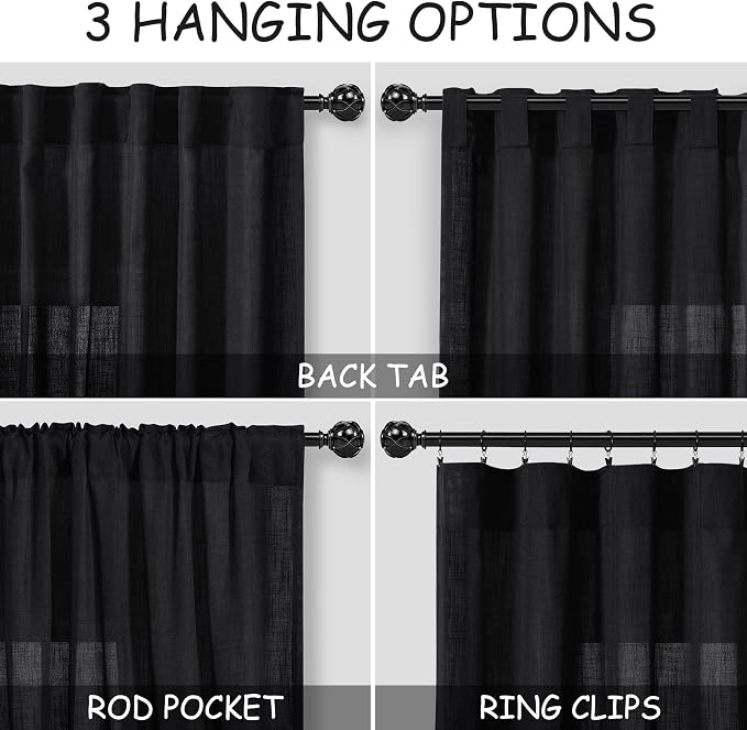 Nanspring Black Linen Curtains 90 Inches Long for Living Room Back Tab and Rod Pocket Semi Sheer Privacy Curtains Simple Modern Cotton Textured Curtain for Bedroom 70x90,2 Panel
