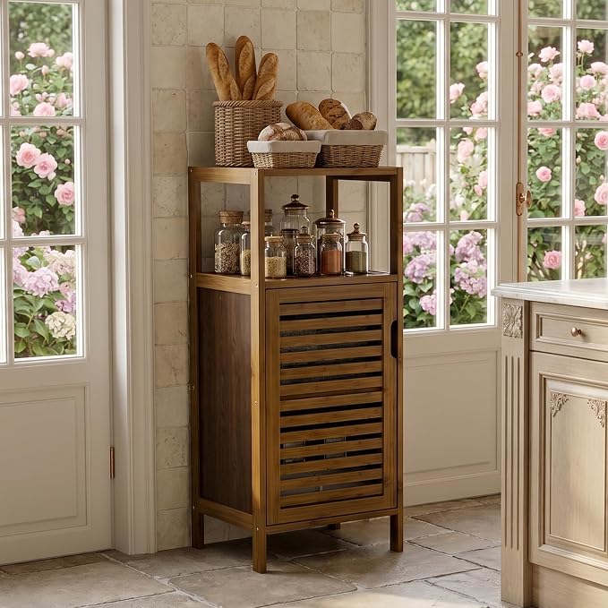 HITNET Bathroom Cabinet, Bamboo Floor Cabinet Free Standing, 4 Tier Sofa Side Storage Cupboard for Living Room Kitchen Entryway, Walnut