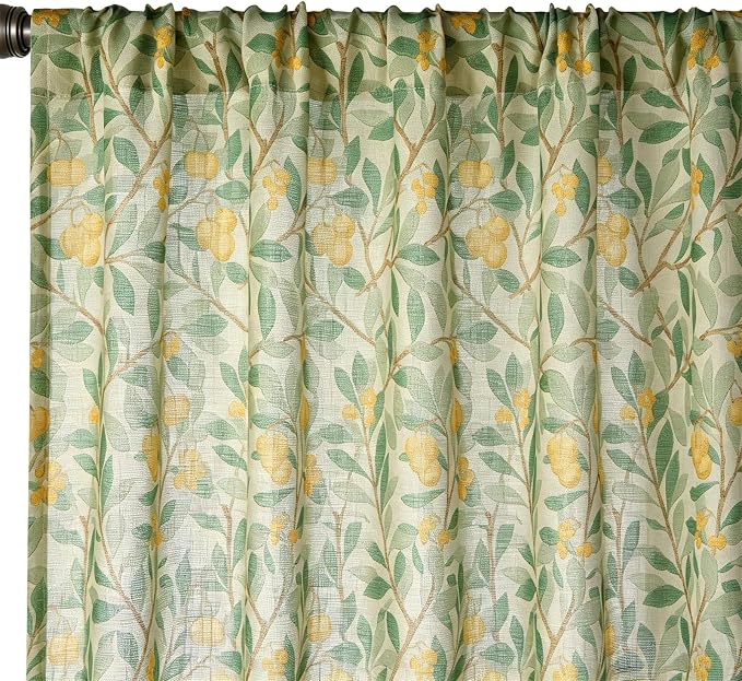 RoomTalks Green Yellow Floral Window Curtains 84 Inches Length 2 Panels, Boho Country Vintage Cute Botanical Fruit Faux Linen Curtain Panels for Bedroom Dining Living Room Dorm Summer Aesthetic Decor