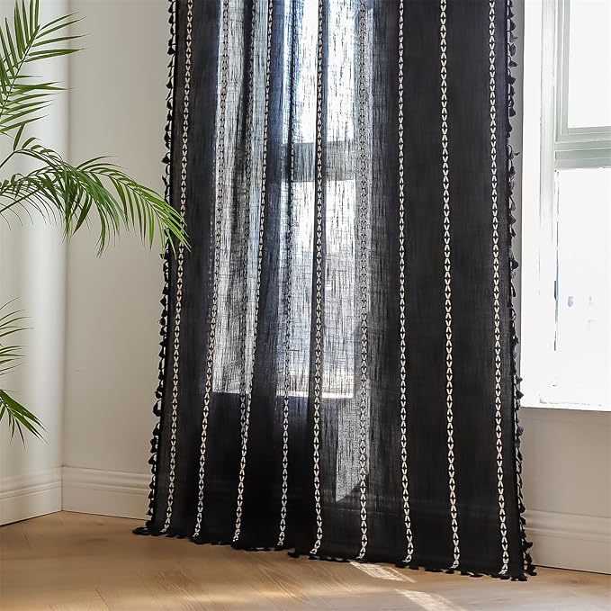 RoomTalks Black Boho Farmhouse Curtains for Bedroom Living Room 63 Inch Length 2 Panles, French Country Halloween Gothic Cute Textured Window Curtain Panels Bohemian Vintage Tassel Draperies