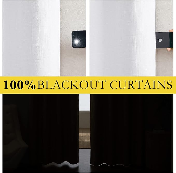 NICETOWN 100% Absolutely Blackout Linen Curtains with Thermal Insulated White Liner, White, 34 inches Wide, 70 inches Length Energy Saving Curtains for Living Room 2 Panels Set, Vertical Blinds