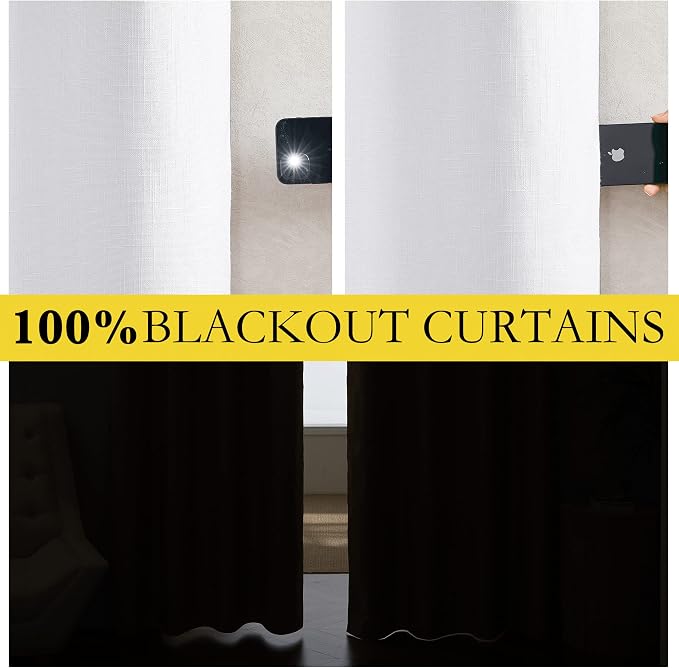 NICETOWN 100% Absolutely Blackout Linen Curtains with Thermal Insulated White Liner, White, 52 inches Wide, 120 inches Length Energy Saving Curtains for Living Room 2 Panels Set, Vertical Blinds