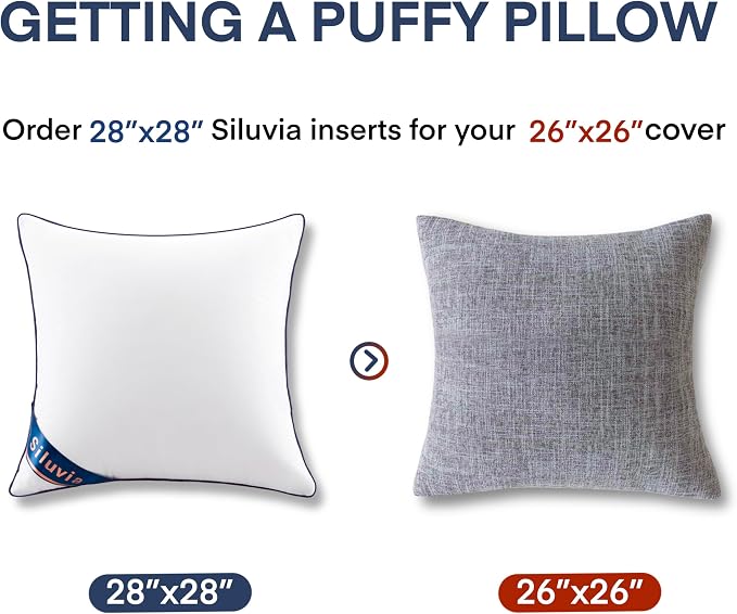 Siluvia Euro Pillow Insert 28x28 Inch Set of 2 for Sofa, Couch, and Bed | 100% pure cotton shell, soft and breathable