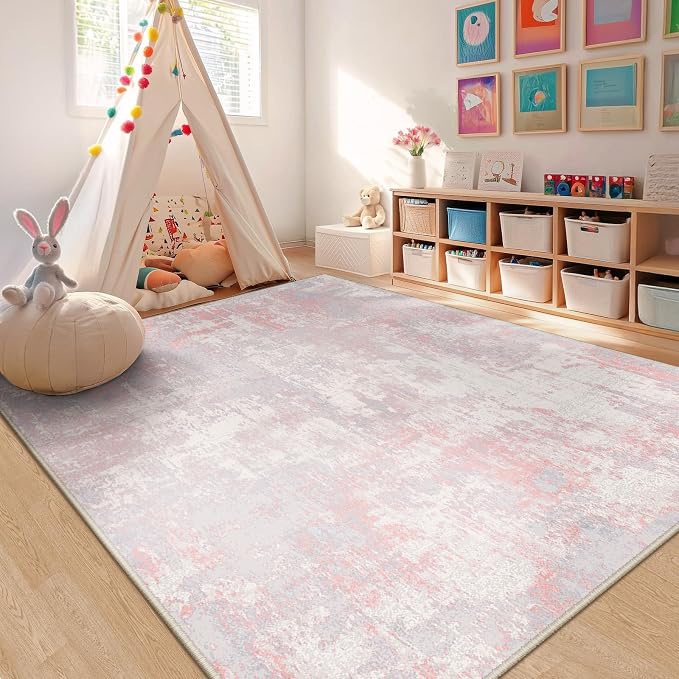 RELEANY Washable Area Rugs 5'x8' Non-Slip Modern Abstract Soft for Living Room Entryway Bedroom Kitchen, Print Pattern, Grey Pink