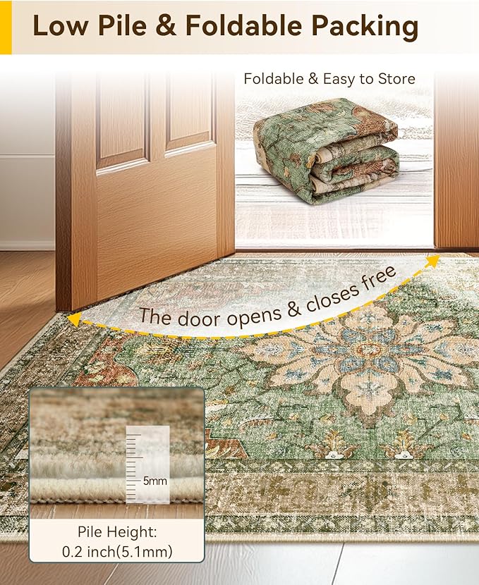 RELEANY Area Rugs Runner 2'6"x5' Washable Non-Slip, Floral Vintage Distress Medallion Carpet for Kitchen Hallway Bedroom Beside Laundry Room Bathroom, Terracotta Burnt Orange Green
