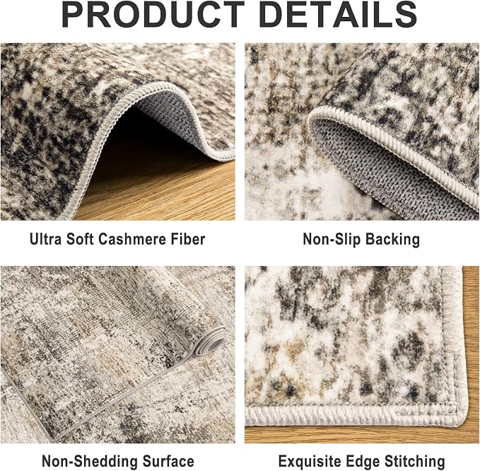 Area Rugs 10x14 Living Room - Washable Rug Modern Abstract Soft Large Neutral Non-Slip Carpet Indoor Floor Thin Carpets for Bedroom Dining Room Farmhouse Nursery Home Office Brown Black Grey