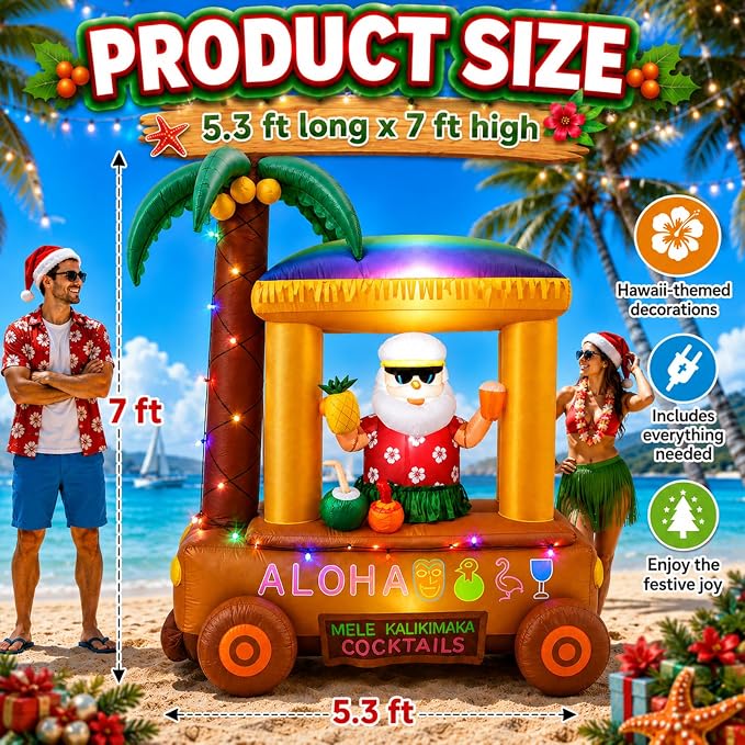 Leyndo Christmas in July Inflatable, 7 ft Christmas Inflatables Hawaiian Beach Santa at Bar Decorations, Built-in Led, Outdoor Xmas Blow up for Tropical Hawaiian Luau Holiday Beach Party Supplies
