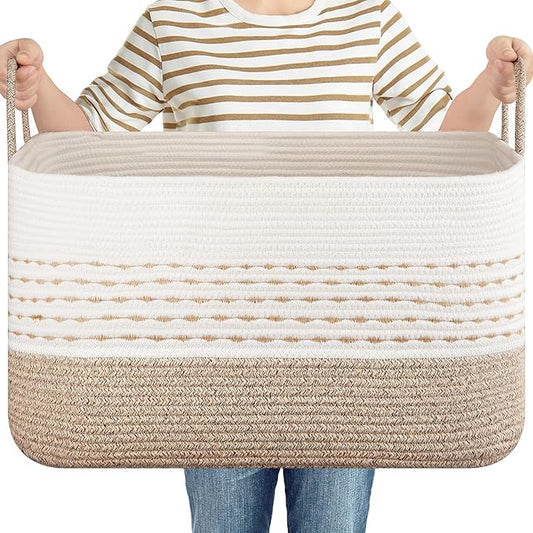 OIASKET 75L Large Cotton Rope Blanket Basket, Soft Baby Storage Basket for Toys, Pillow and Clothes，Decorative Woven Laundry basket with Handles for Living Room-Brown & White